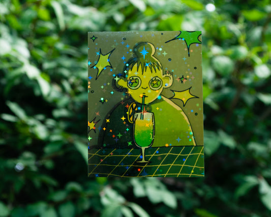 A Green Girl and A Green Drink - Vinyl Holographic Sticker