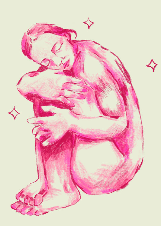 A pink sketch of a resting girl - Mini Print