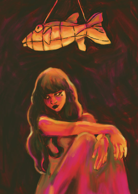 A girl and a fish lamp - Mini Print