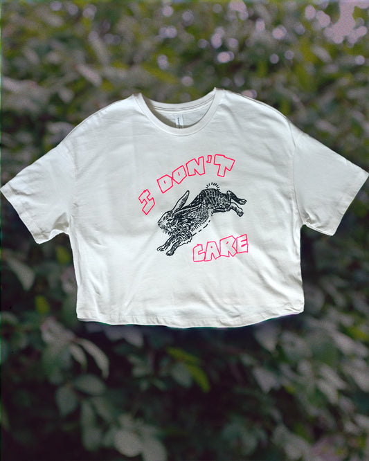 I Don't Care - White Jersey Crop Tee